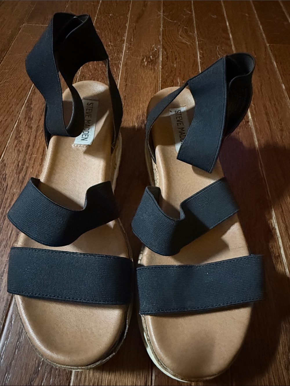 Steve Madden Black Elastic-Strap Women’s Sandals with Tan Footbed